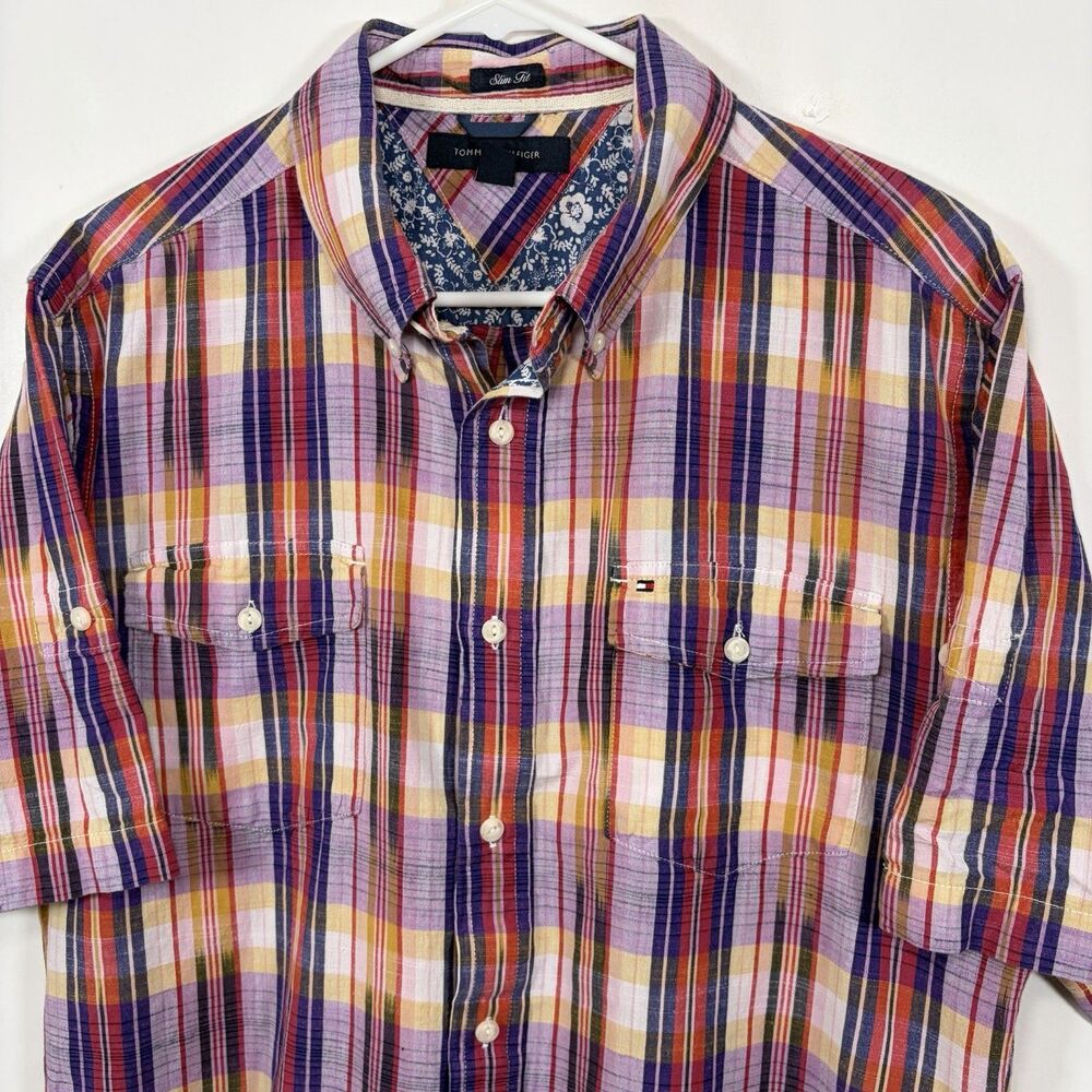 Tommy Hilfiger Short Sleeve Button Down Shirt Mens Large Purple Yellow Red Plaid